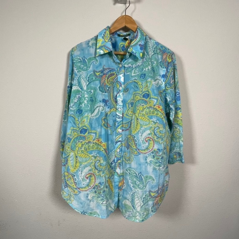 Lauren Ralph Lauren Button Up Women 1X Blue Paisley Excellent 3/4 Sleeve Cotton
